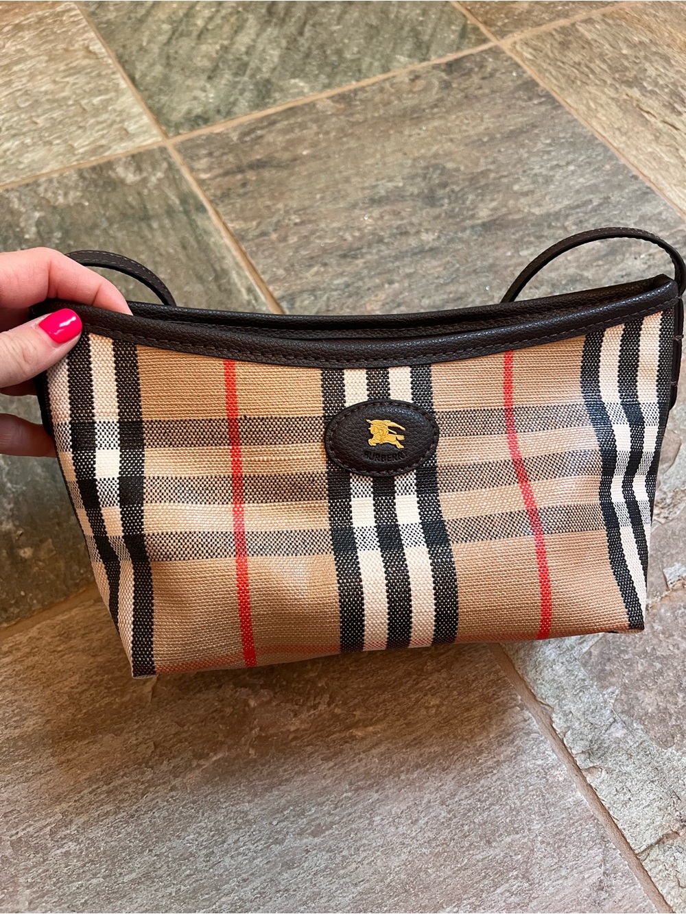Small Burberry Highlands Bag in Tan, Black & Red Accents